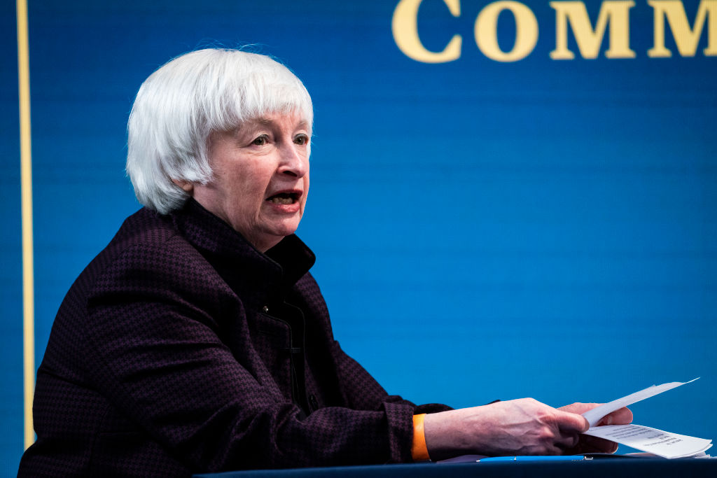 Treasury Secretary Janet Yellen, at a virtual roundtable held with Vice President Kamala Harris in February. (Jabin Botsford/The Washington Post via Getty Images)