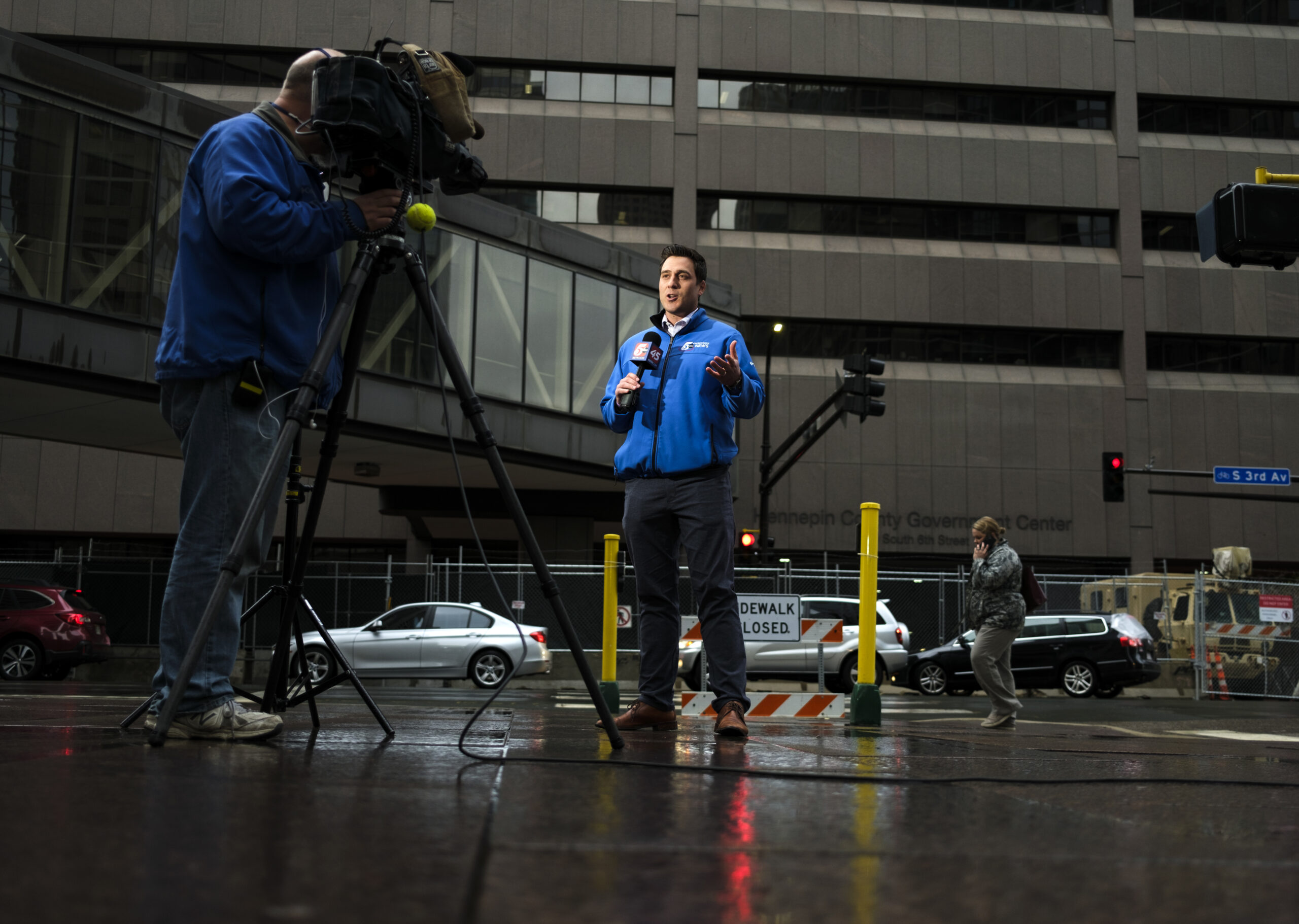 A local news team broadcasts outside the Hennepin County Government Center on April 8, 2021 in Minneapolis, Minnesota. (Stephen Maturen/Getty Images)
