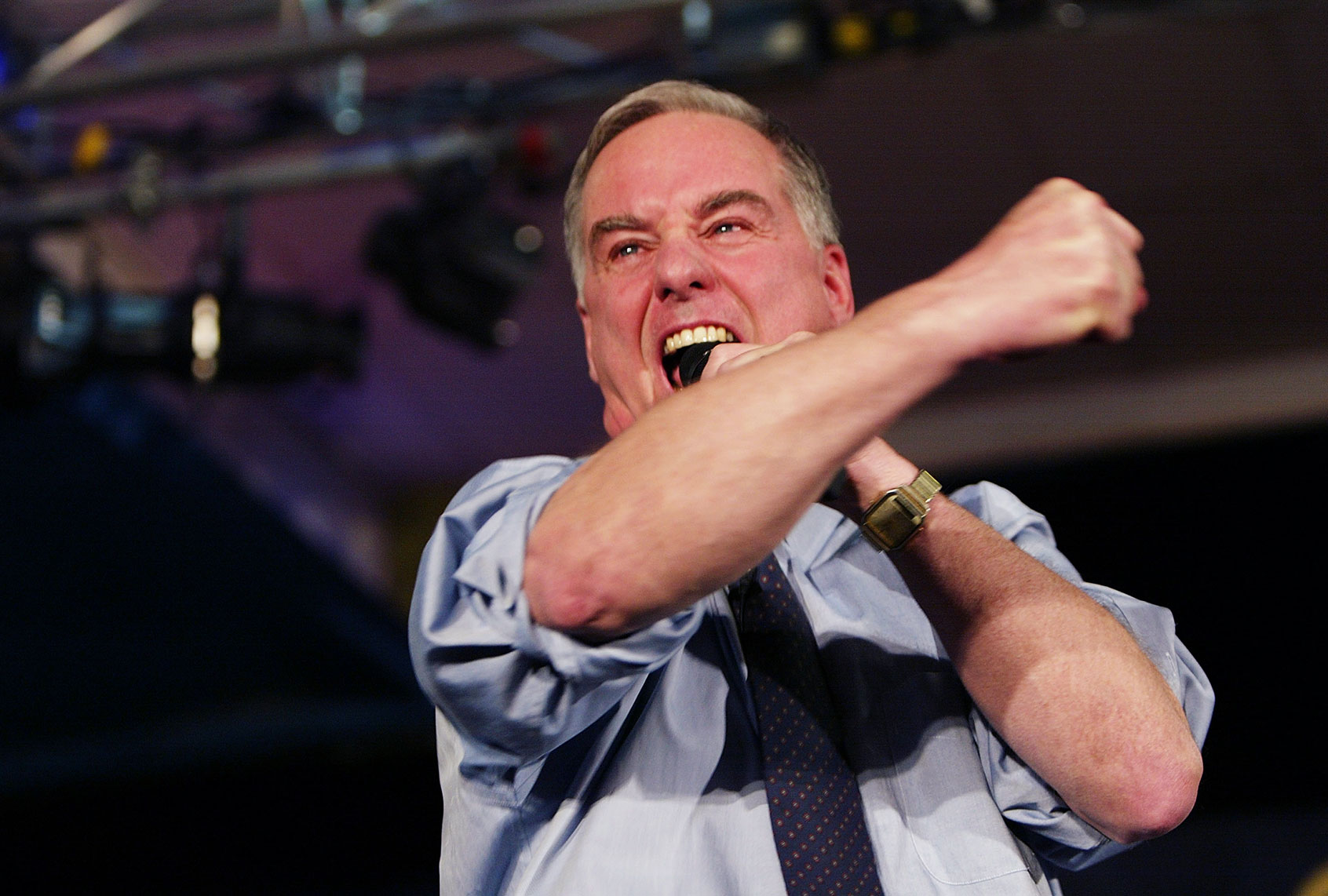 Democratic presidential candidate former Vermont Governor Howard Dean addresses supporters at his caucus night party January 19, 2004 in West Des Moines, Iowa. Dean finished third in the Iowa caucus behind U.S. Sen. John Kerry (D-MA) and U.S. Sen. John Edwards (D-NC). (Joe Raedle/Getty Images)