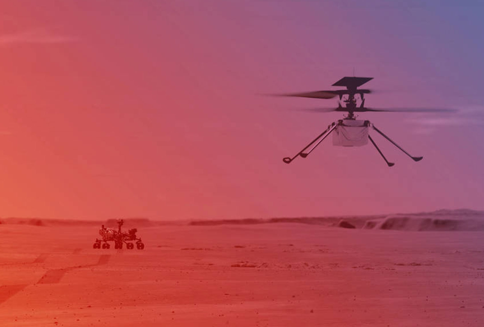 An illustration of NASA’s Ingenuity Helicopter flying on Mars (NASA/JPL-Caltech)