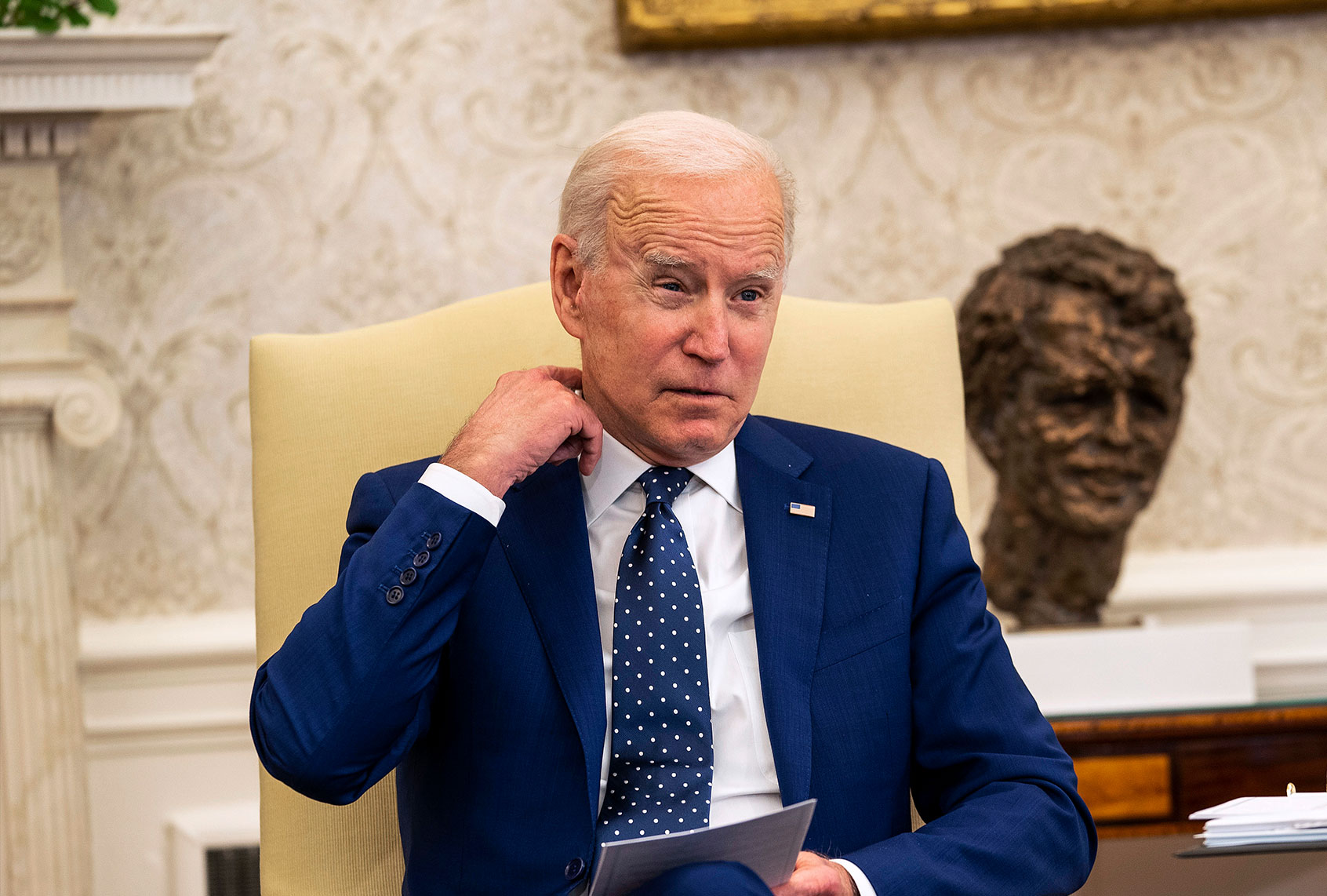 U.S. President Joe Biden meets with members of the Congressional Asian Pacific American Caucus Executive Committee in the Oval Office at the White House on April 15, 2021 in Washington, DC. Biden, Harris and members of the caucus discussed the recent spike in anti-Asian violence, including the shooting deaths of six women of Asian descent in Atlanta last month. (Doug Mills-Pool/Getty Images)