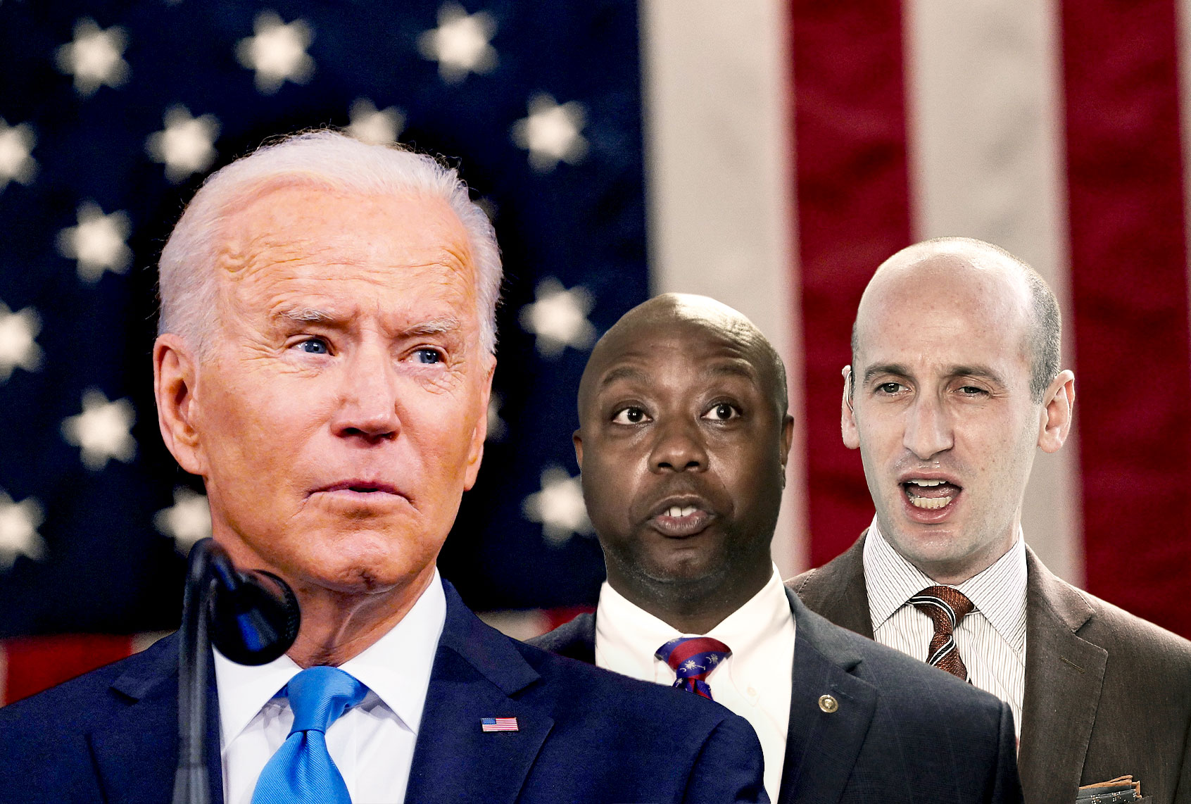 Joe Biden, Tim Scott and Stephen Miller (Photo illustration by Salon/Getty Images)