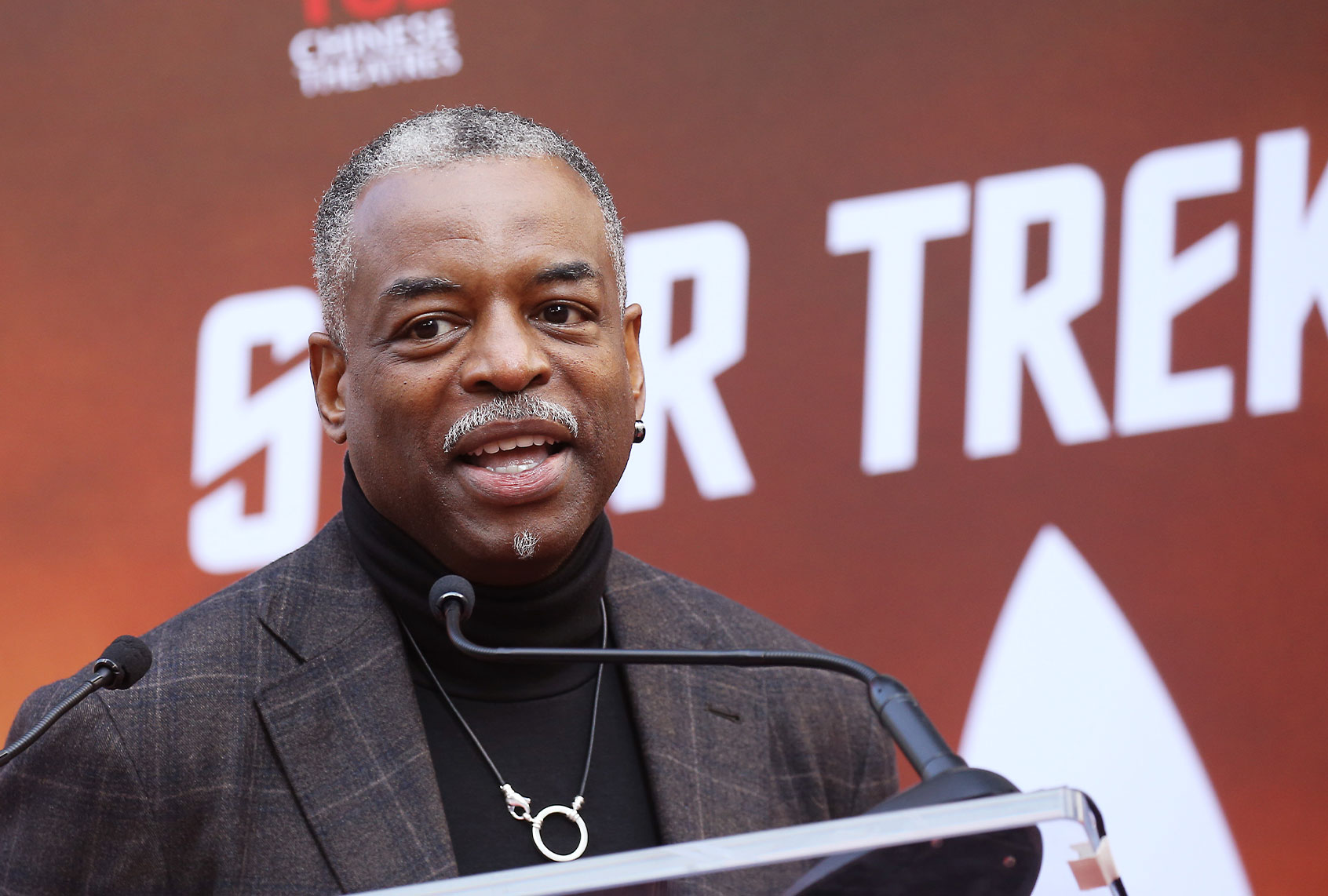 LeVar Burton speaks during Sir Patrick Stewart's handprint & footprint ceremony at TCL Chinese Theater (Michael Tran/FilmMagic)
