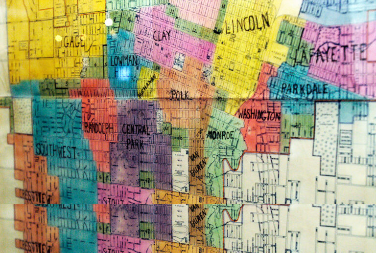 A map of the 1956 school district by race in Topeka, Ks., from the implementation arguments in Brown v. Board of Education, part of the new exhibit at the Library of Congress, "With and Even Hand," on the fiftieth anniversary of the landmark Supreme Court decision on integration. (Chris Maddaloni/Roll Call/Getty Images)