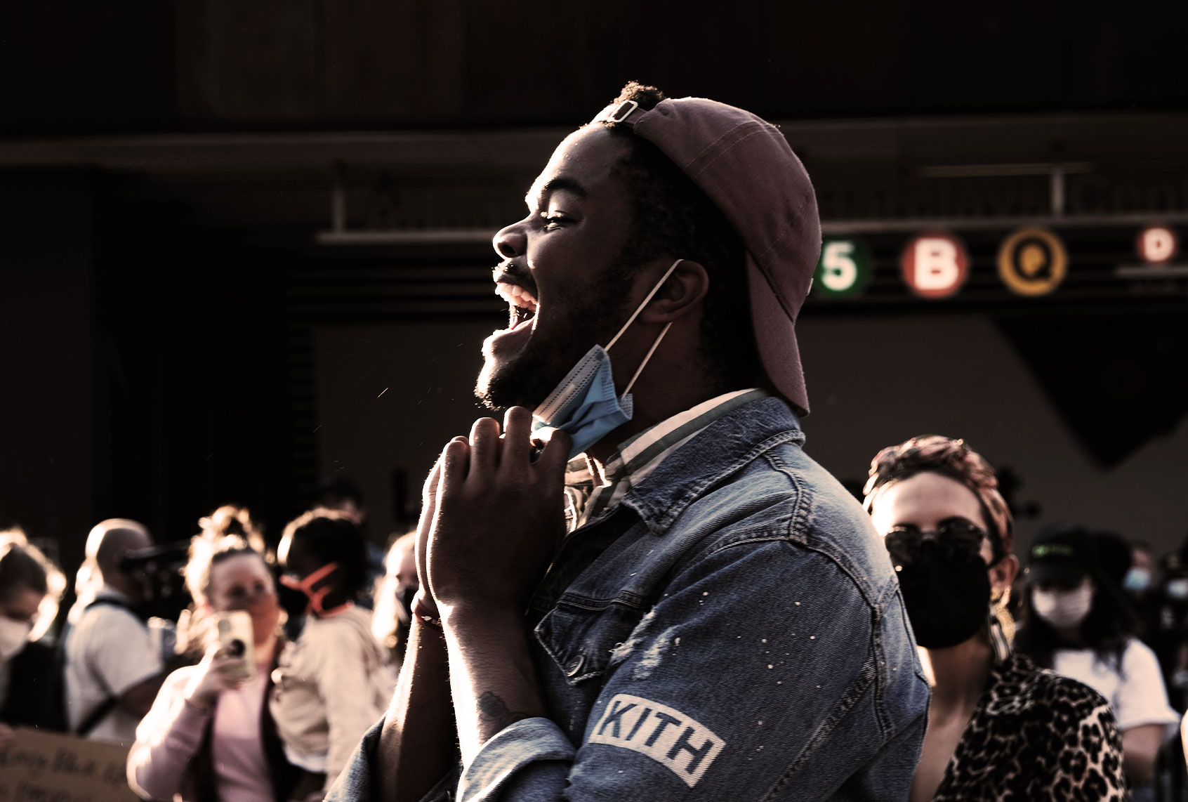 People react to the verdict of the Derek Chauvin trial in Brooklyn on April 20, 2021 in New York City. In a trial followed around the world, Chauvin, a former Minneapolis police officer, was found guilty and has been convicted of murder for killing George Floyd by kneeling on his neck for more than nine minutes. (Spencer Platt/Getty Images)