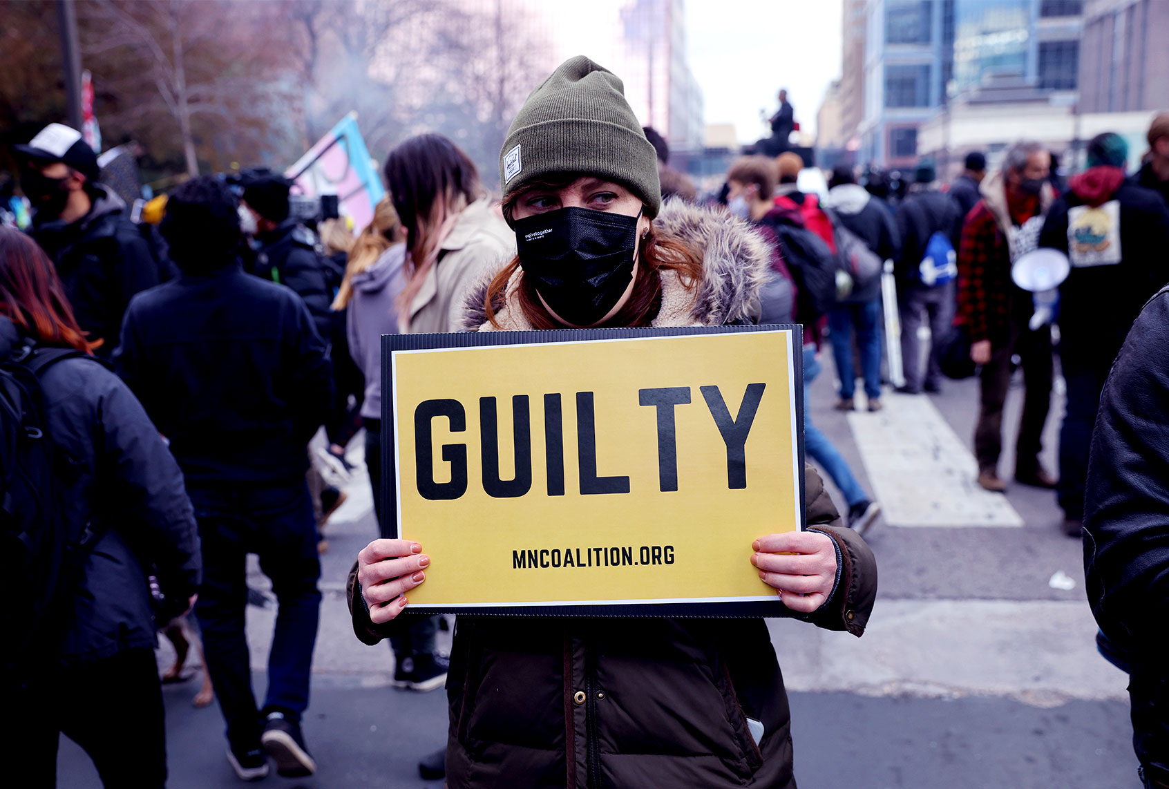 People react after the verdict was read in the Derek Chauvin trial on April 20, 2021 In Minneapolis, Minnesota. Former police officer Derek Chauvin was on trial on second-degree murder, third-degree murder and second-degree manslaughter charges in the death of George Floyd May 25, 2020.  After video was released of then-officer Chauvin kneeling on Floyd’s neck for nine minutes and twenty-nine seconds, protests broke out across the U.S. and around the world. The jury found Chauvin guilty on all three charges. (Scott Olson/Getty Images)