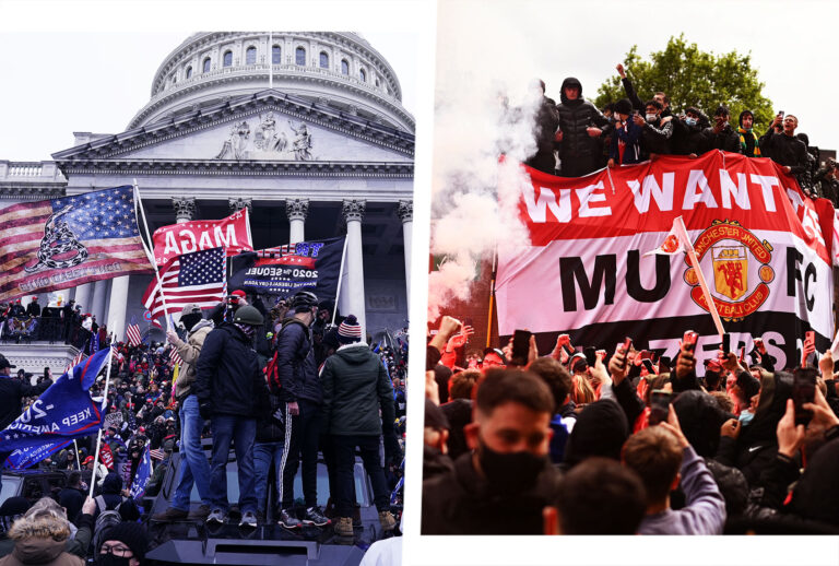 Protesters gather on the second day of pro-Trump events fueled by President Donald Trump's continued claims of election fraud in an to overturn the results before Congress finalizes them in a joint session of the 117th Congress on Wednesday, Jan. 6, 2021 in Washington, DC. | Supporters protest against Manchester United's owners, outside English Premier League club Manchester United's Old Trafford stadium in Manchester, north west England on May 2, 2021, ahead of their English Premier League fixture against Liverpool. (Photo illustration by Salon/Getty Images)