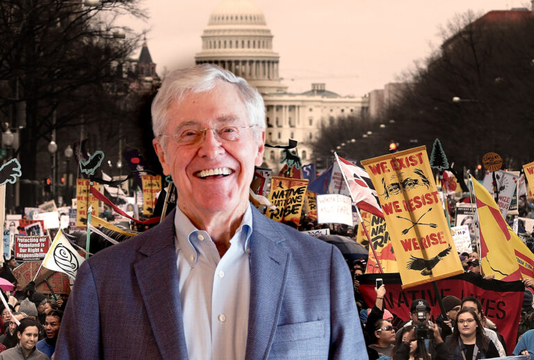Charles Koch | Protesters march during a demonstration against the Dakota Access Pipeline on March 10, 2017 in Washington, DC. (Photo illustration by Salon/Getty Images)