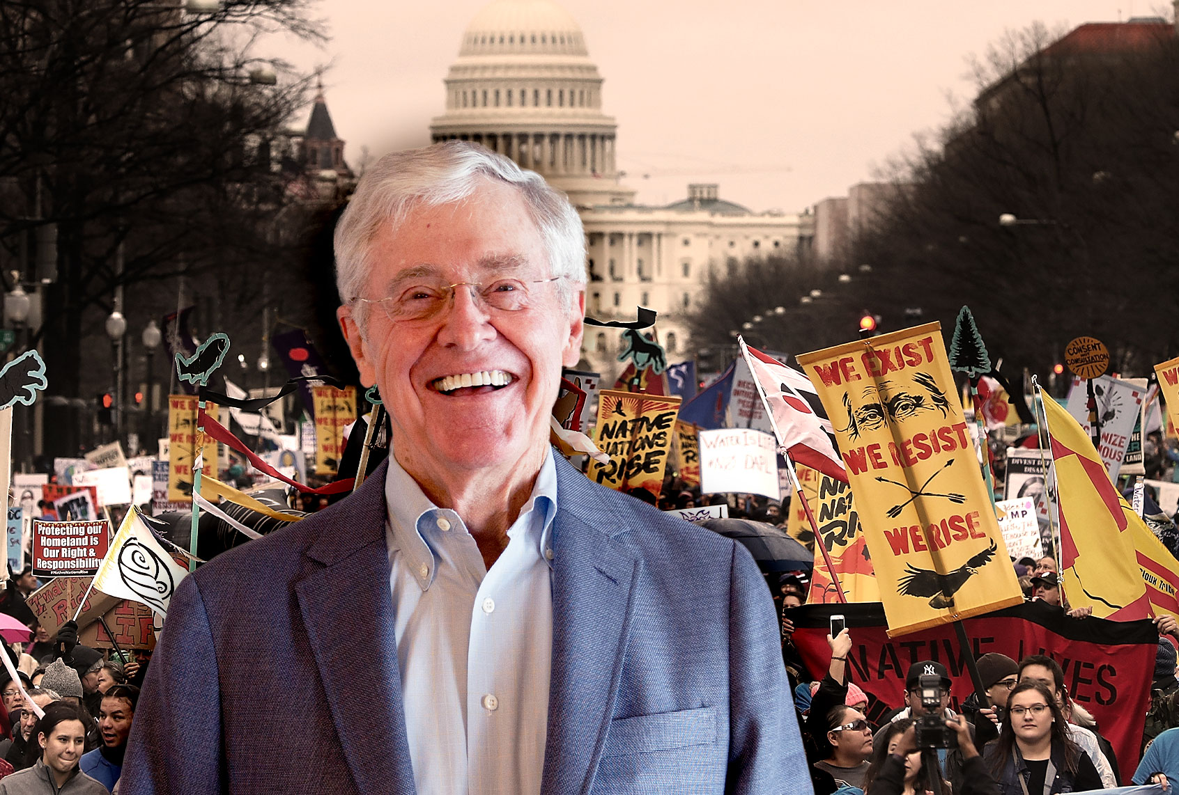 Charles Koch | Protesters march during a demonstration against the Dakota Access Pipeline on March 10, 2017 in Washington, DC. (Photo illustration by Salon/Getty Images)