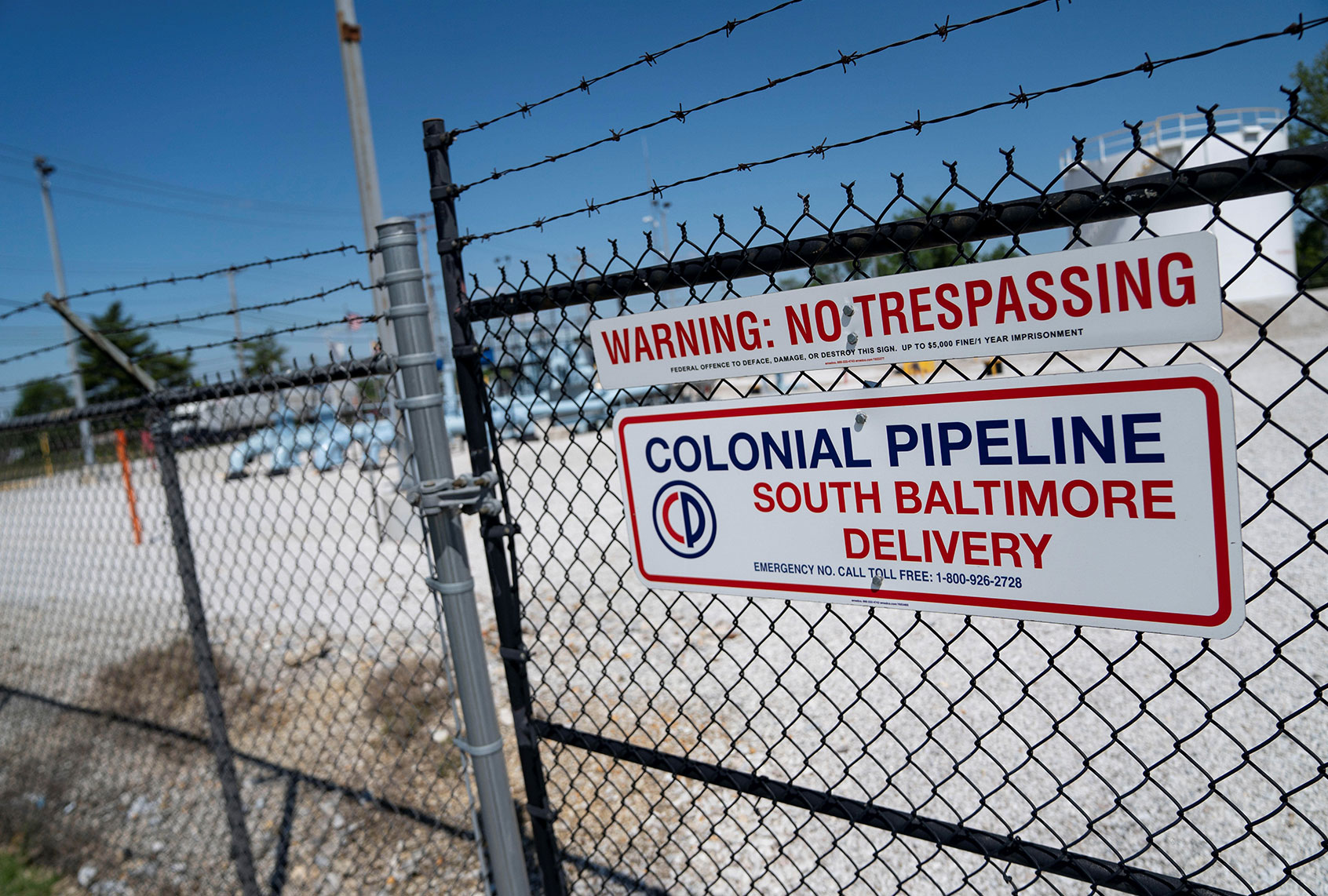 Photo taken on May 11, 2021 shows a Colonial Pipeline facility in Baltimore, Maryland, the United States. U.S. Secretary of Energy Jennifer Granholm on Tuesday urged Americans not to hoard gasoline as the operator of a main U.S. fuel pipeline is expected to fully resume operations in a few days after it was forced to shut down due to a cybersecurity attack. (Liu Jie/Xinhua via Getty Images)