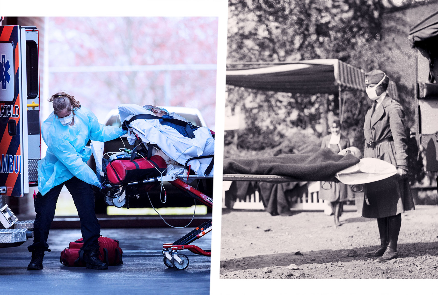 First responders load a patient into an ambulance from a nursing home where multiple people have contracted COID-19 on April 17, 2020 in Chelsea, Massachusetts. | Red Cross Emergency Ambulance Station during Influenza Pandemic, Washington DC, USA, National Photo Company, 1918. (Photo illustration by Salon/Getty Images)