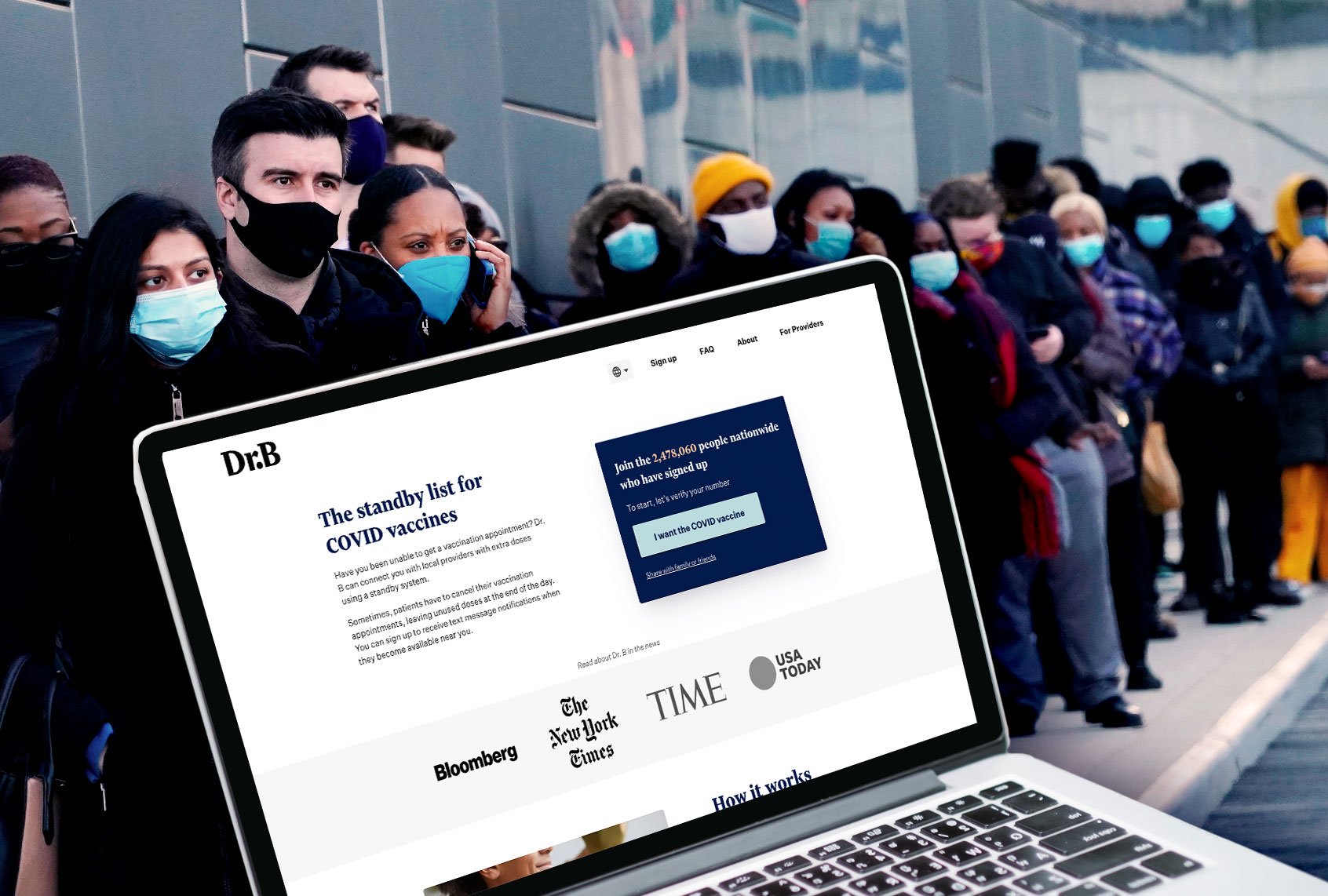 Dr. B website | Covid vaccine line (Photo illustration by Salon/Dr. B Oficial Website/Getty Images)