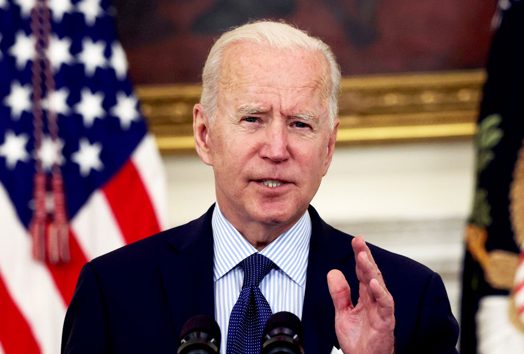 U.S. President Joe Biden delivers remarks on the COVID-19 response and the vaccination program during an event at the State Dining Room of the White House May 4, 2021 in Washington, DC. President Biden set a new goal to have 70% of adult Americans with at least one shot and at least 160 Americans fully vaccinated by July 4th, 2021. (Alex Wong/Getty Images)