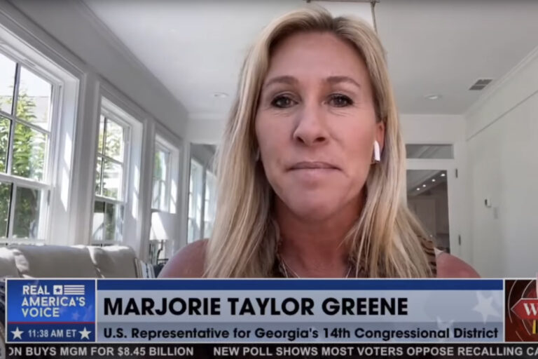 Rep. Marjorie Taylor Greene, R-Georgia, during an interview with Steve Bannon. (Real America's Voice)