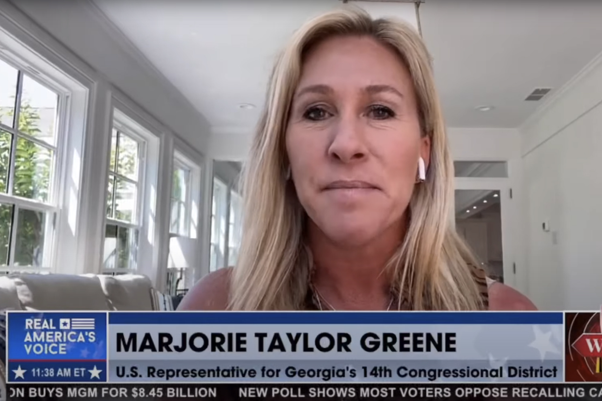 Rep. Marjorie Taylor Greene, R-Georgia, during an interview with Steve Bannon. (Real America's Voice)
