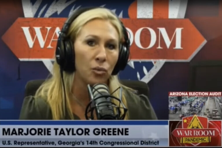 Rep. Marjorie Taylor Greene, R-GA, during an interview with Steve Bannon. (Real America's Voice)