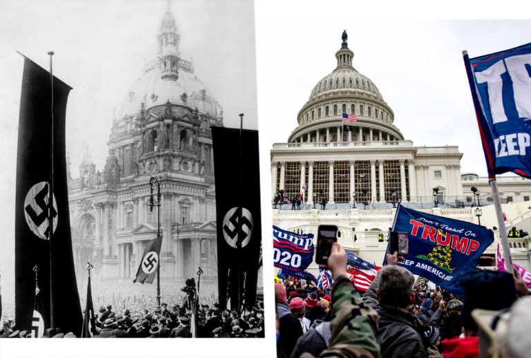Nazi parade in front of the Reichstag, 1934. | Pro-Trump supporters storm the U.S. Capitol following a rally with President Donald Trump on January 6, 2021 in Washington, DC. (Photo illustration by Salon/Getty Images)