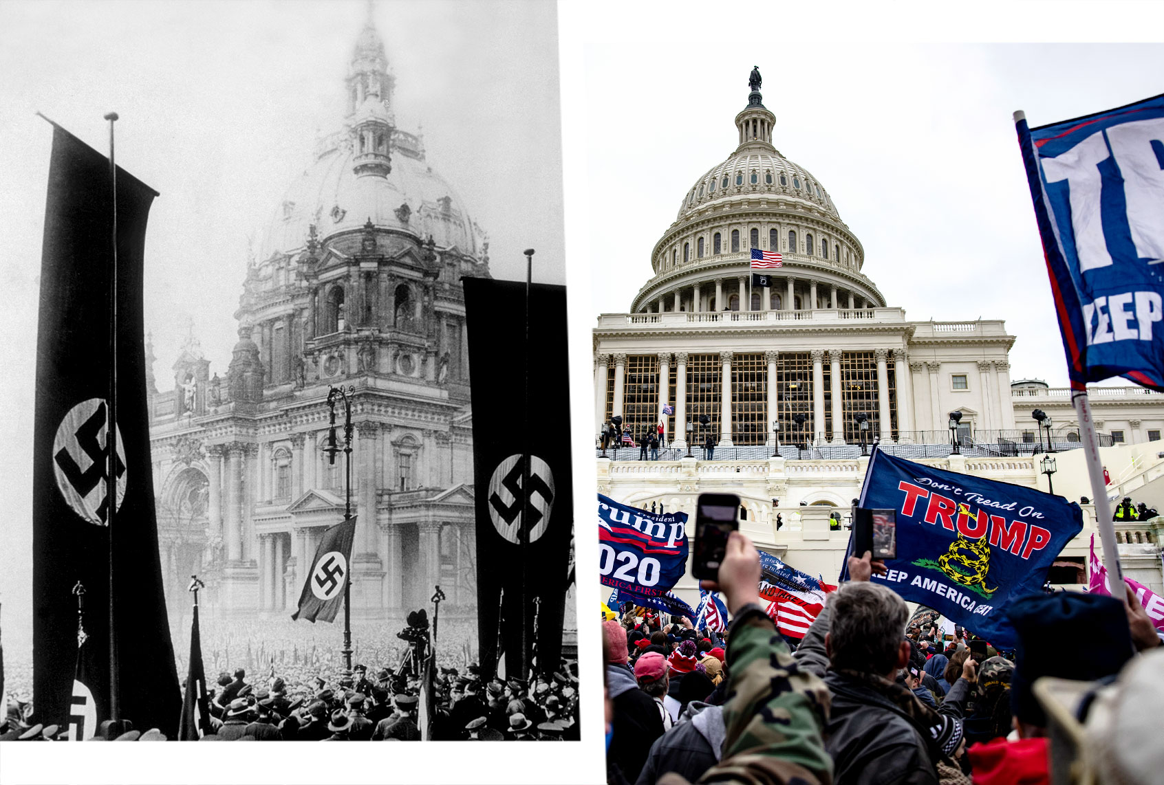 Nazi parade in front of the Reichstag, 1934. | Pro-Trump supporters storm the U.S. Capitol following a rally with President Donald Trump on January 6, 2021 in Washington, DC. (Photo illustration by Salon/Getty Images)