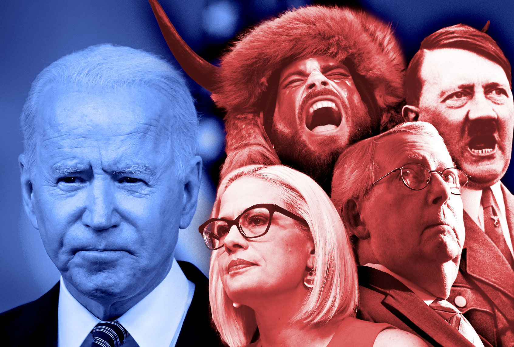 Joe Biden, Kyrsten Sinema, Mitch McConnell, the QAnon Shaman and Adolf Hitler (Photo illustration by Salon/Getty Images)