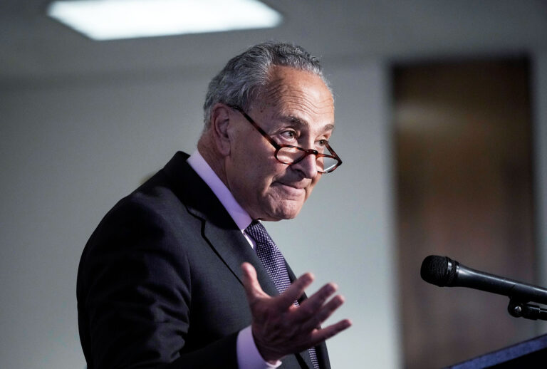 Senate Majority Leader Chuck Schumer (D-NY) speaks to the press following a Democratic caucus meeting on May 25, 2021 in Washington, DC. (Drew Angerer/Getty Images)