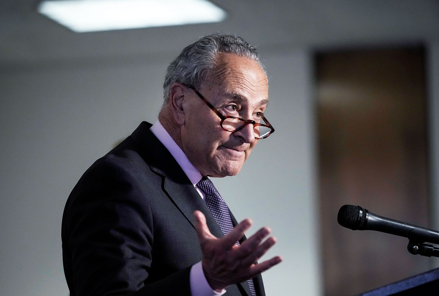 Senate Majority Leader Chuck Schumer (D-NY) speaks to the press following a Democratic caucus meeting on May 25, 2021 in Washington, DC. (Drew Angerer/Getty Images)