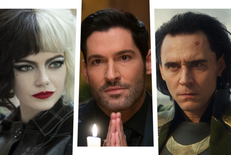 Emma Stone as Cruella, Tom Ellis as Lucifer and Tom Hiddleston as Loki (Photo illustration by Salon/Disney+/Netflix)