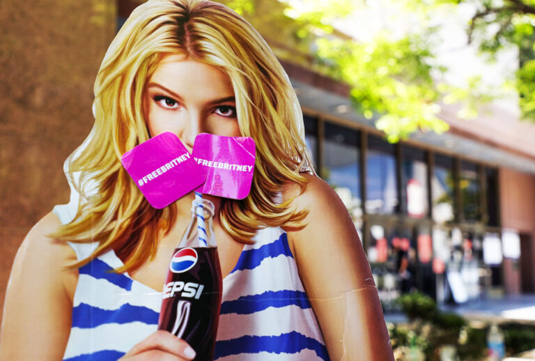A cardboard cutout depicting Britney Spears is seen during a #FreeBritney protest at Los Angeles Grand Park during a conservatorship hearing for Spears on June 23, 2021 in Los Angeles, California. Spears is expected to address the court remotely. Spears was placed in a conservatorship managed by her father, Jamie Spears, and an attorney, which controls her assets and business dealings, following her involuntary hospitalization for mental care in 2008. (Rich Fury/Getty Images)