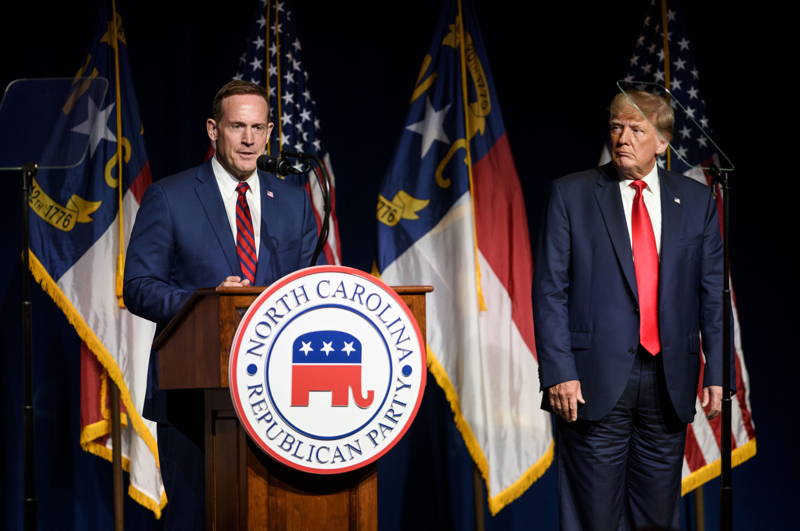 Former U.S. President Donald Trump listens to Ted Budd announce he's running for the NC Senate at the NCGOP state convention on June 5, 2021 in Greenville, North Carolina. (Getty Images)