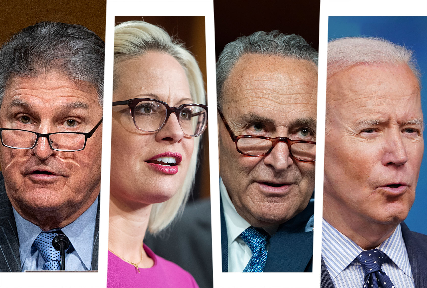 Joe Manchin, Kyrsten Sinema, Chuck Schumer and Joe Biden (Photo illustration by Salon/Getty Images)
