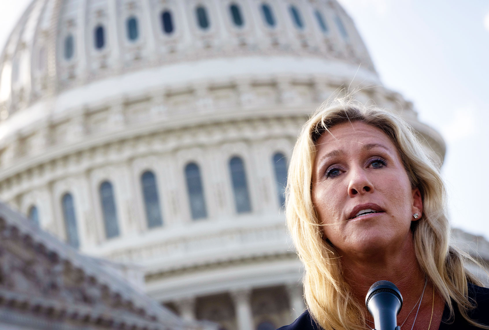 U.S. Rep. Marjorie Taylor Greene (R-GA) speaks at a news conference after visiting the Holocaust Museum, outside the U.S. Capitol on June 14, 2021. Greene repeatedly apologized for comparing coronavirus pandemic precautions to the oppression of Jewish people by Nazi Germany. (Drew Angerer/Getty Images)