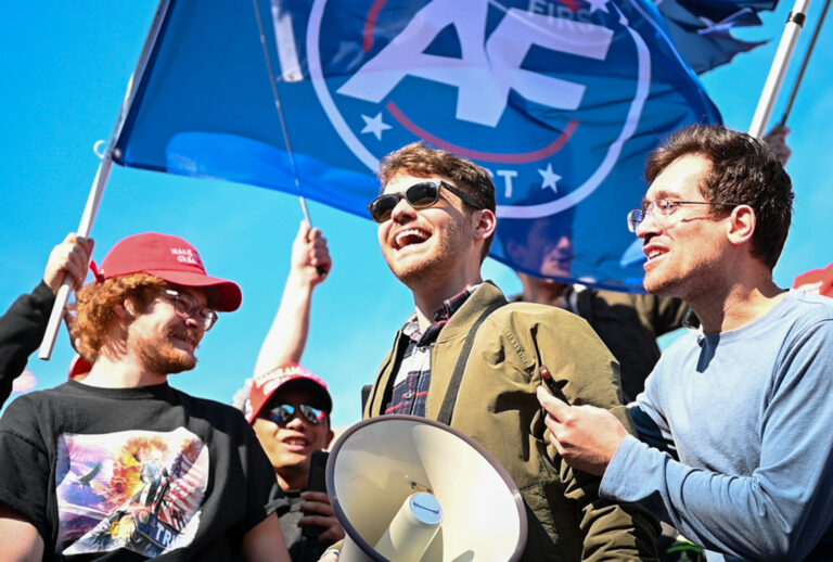 Nick Fuentes, the leader of a Christian based extremist white nationalist group speaks to his followers, 'the Groypers.' in Washington D.C. on November 14, 2020 (Zach D Roberts/NurPhoto via Getty Images)
