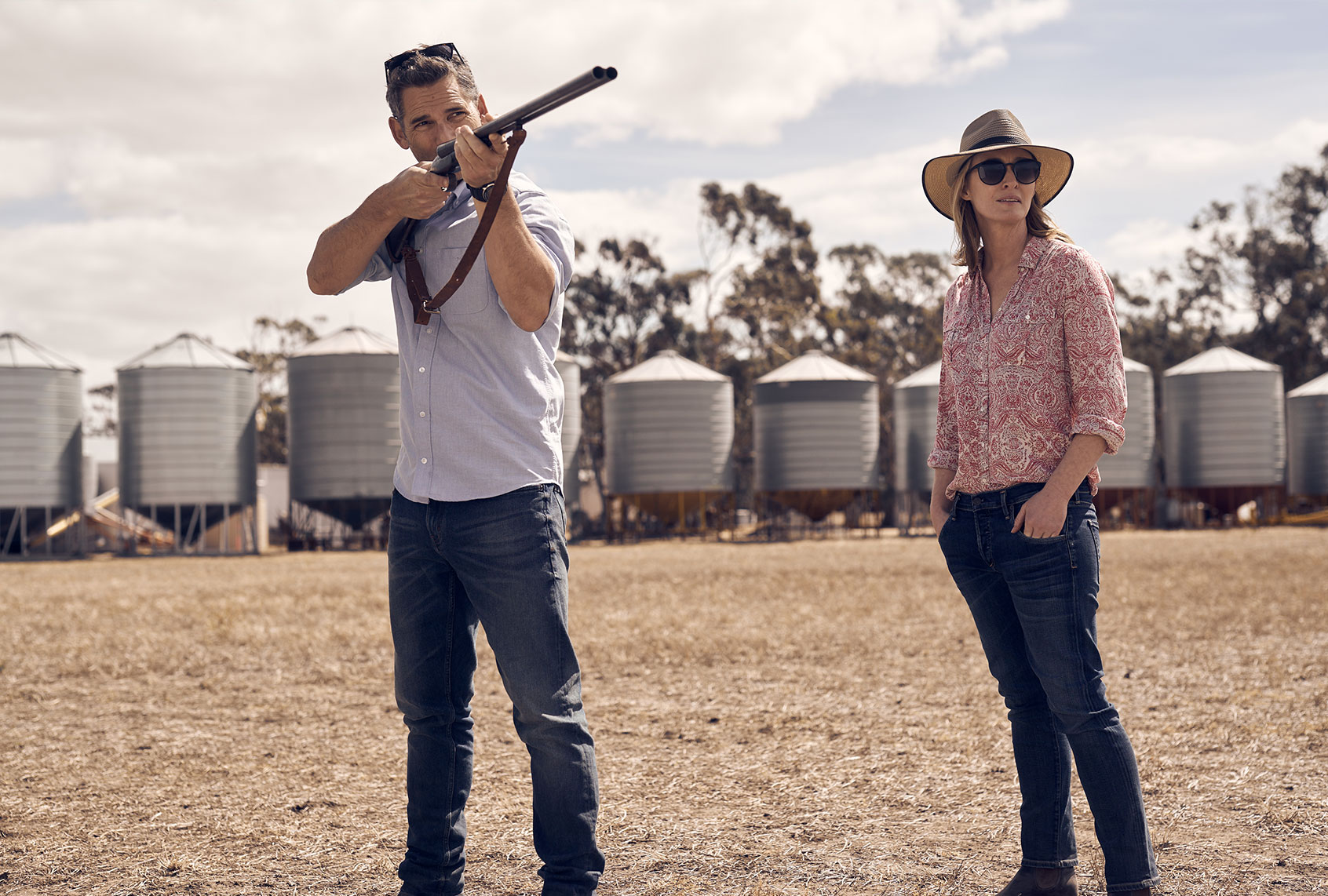 Eric Bana and Genevieve O'Reilly in "The Dry" (IFC Films)