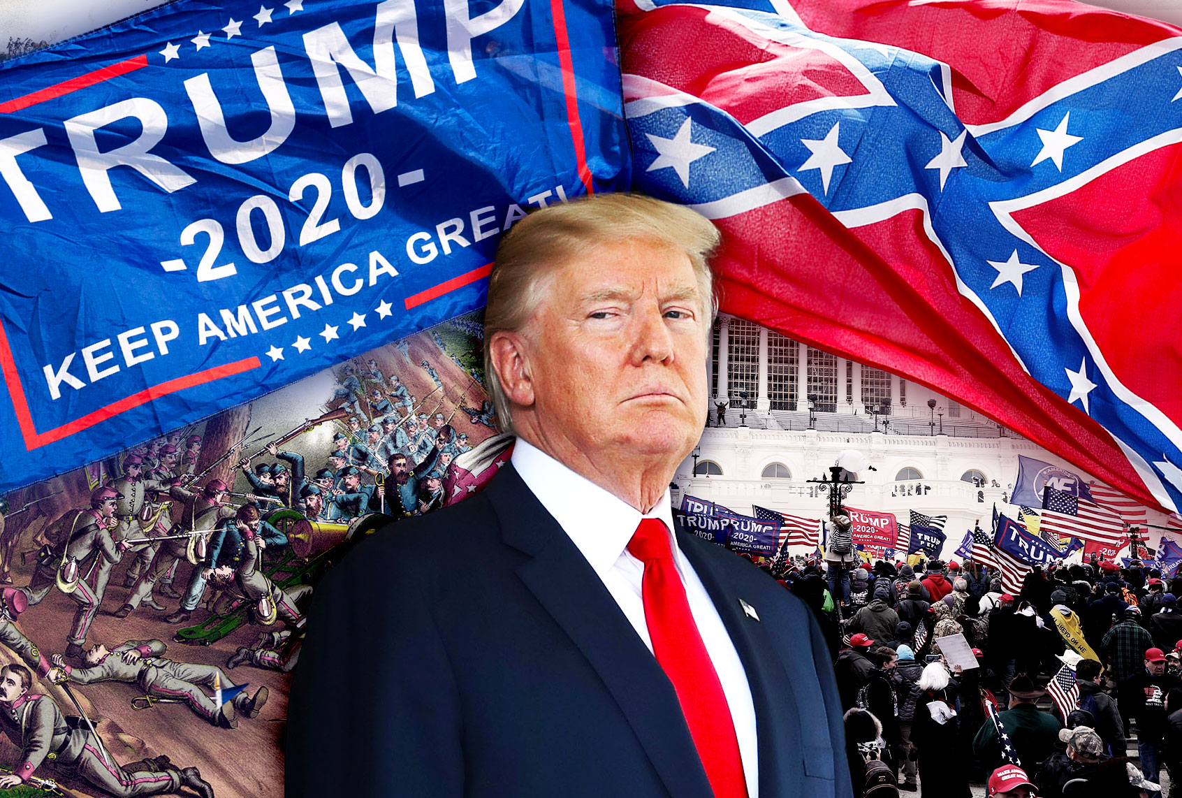 Donald Trump, a painting of the Confederate army losing and the January 6, 2021 US Capitol Riot (Photo illustration by Salon/Getty Images)