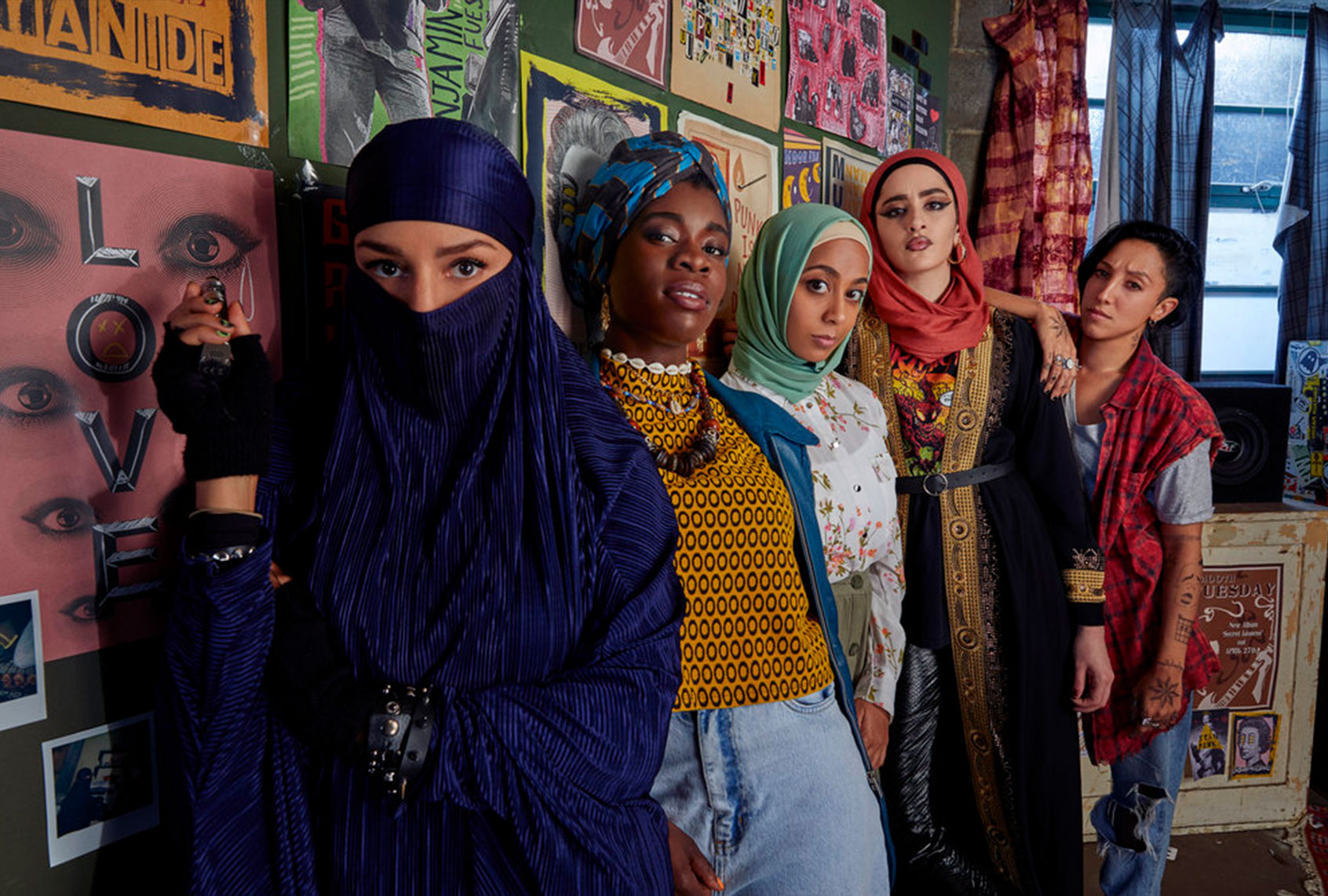 Lucie Shorthouse as Momtaz, Faith Omole as Bisma, Anjana Vasan as Amina, Juliette Motamed as Ayesha, Sarah Kameela Impey as Saira in "We Are Lady Parts" (Laura Radford/Peacock)