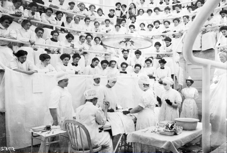 Medical students watching a body dissection, at the Women's College Hospital, Philadelphia. (Topical Press Agency/Getty Images)