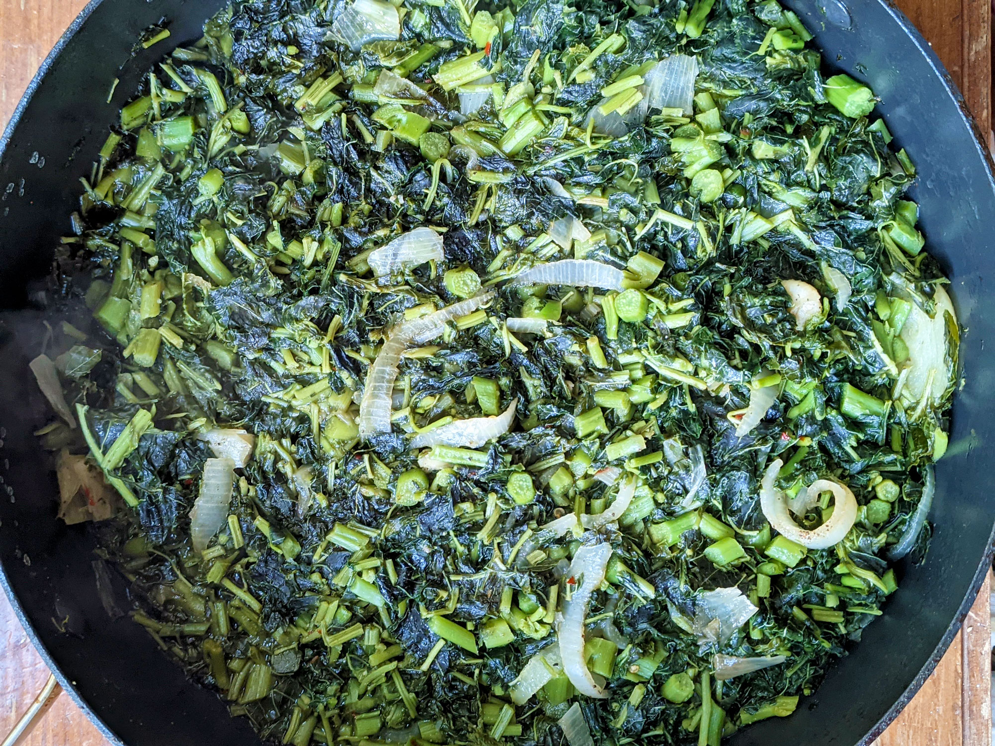Cooked calalloo in pot