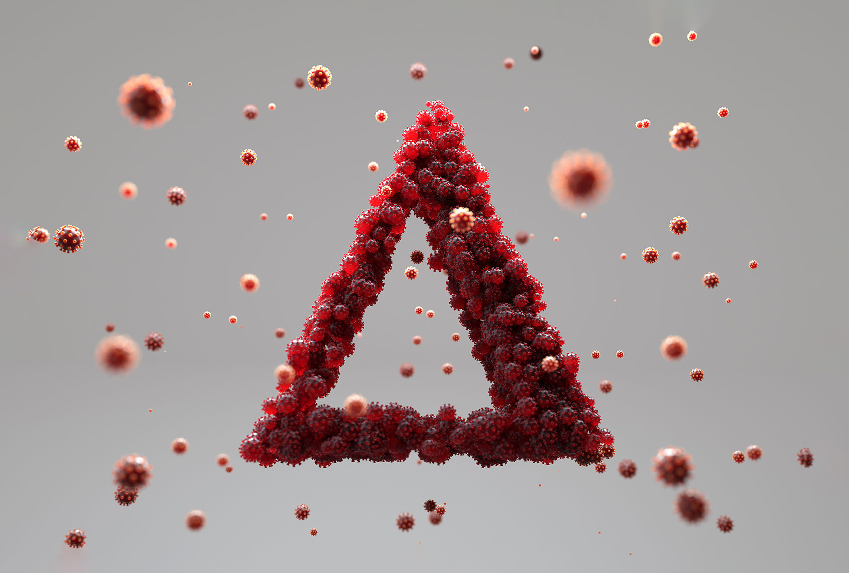 Digital generated image of COVID-19 cells organized into triangle shape and made delta sign. (GEtty Images/Andriy Onufriyenko)