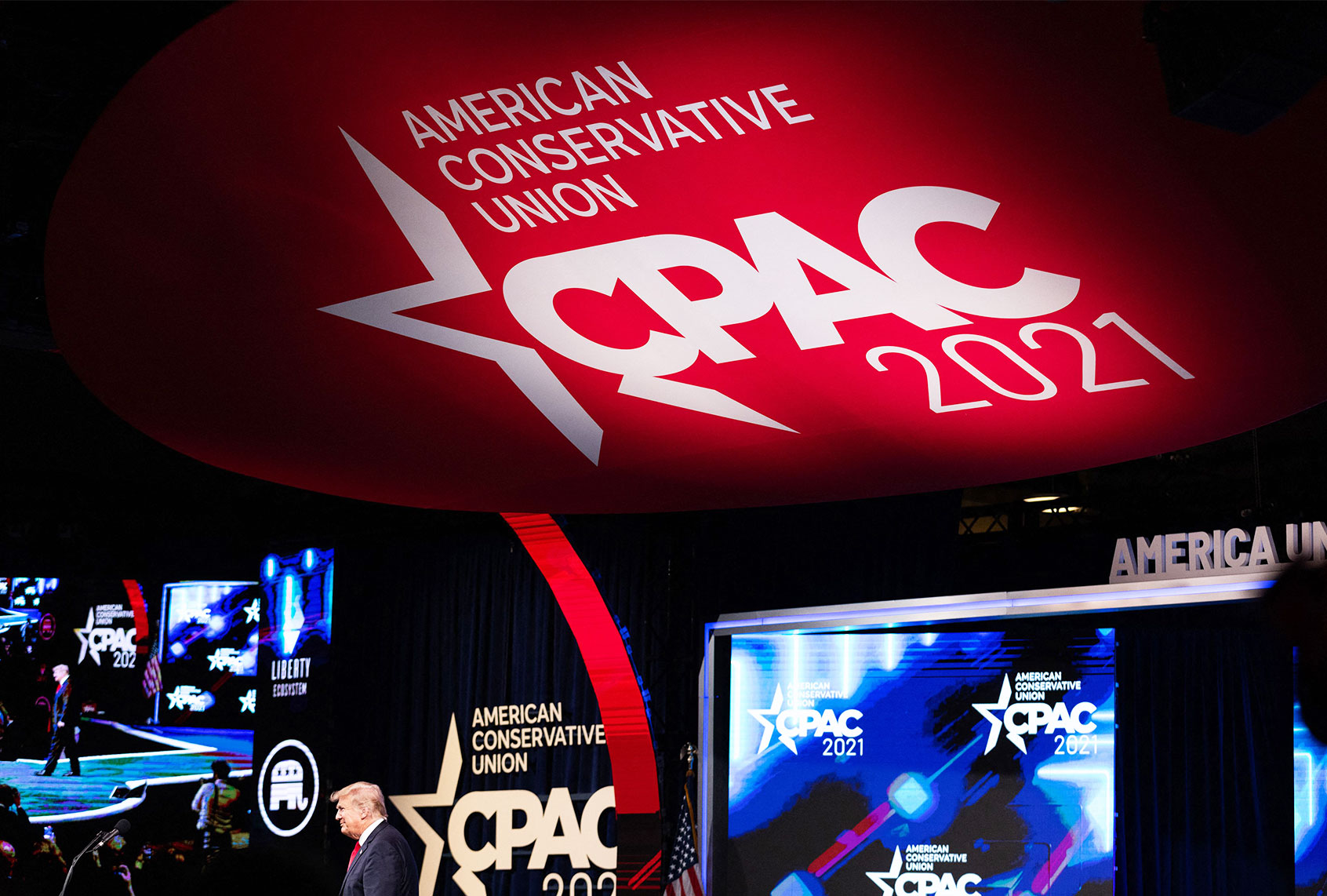 Former US President Donald Trump walks on stage before speaking at the Conservative Political Action Conference (CPAC) in Dallas, Texas on July 11, 2021. (ANDY JACOBSOHN/AFP via Getty Images)