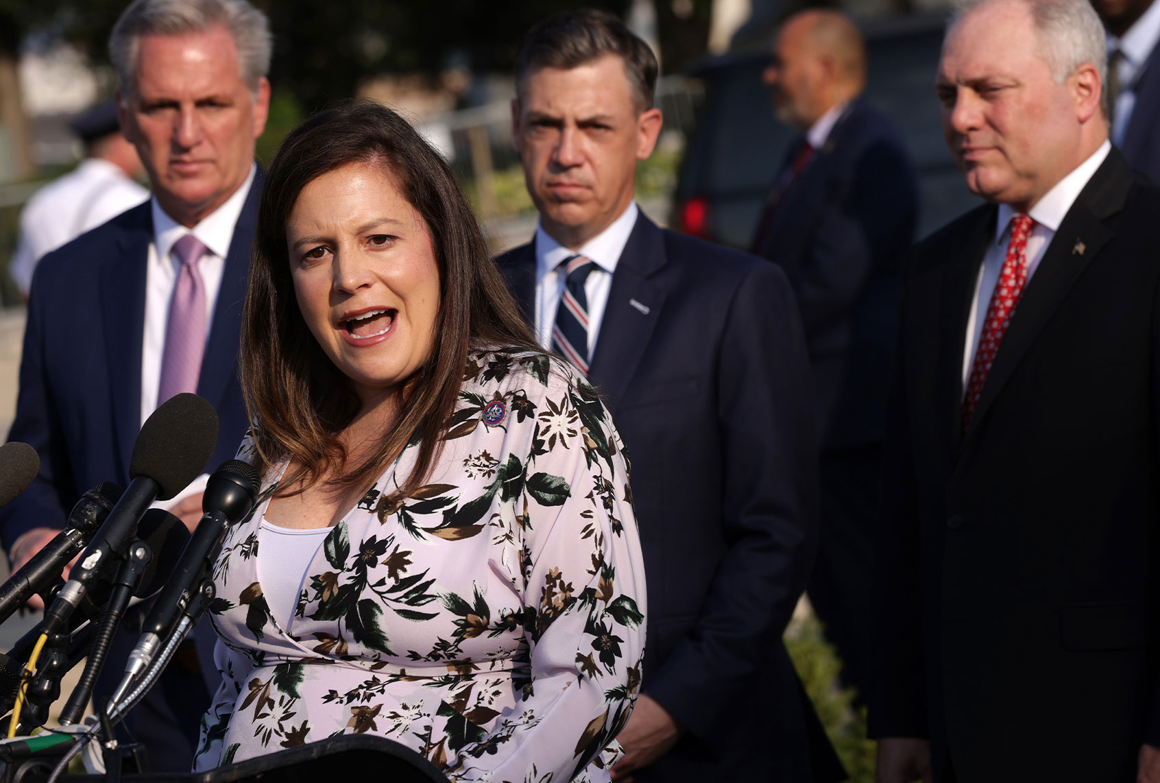 U.S. House Republican Conference Chair Rep. Elise Stefanik (R-NY) (2nd L) speaks as (L-R) House Minority Leader Rep. Kevin McCarthy (R-CA), Rep. Jim Banks (R-IN), and House Minority Whip Rep. Steve Scalise (R-LA) listen during a news conference in front of the U.S. Capitol July 27, 2021 in Washington, DC. Leader McCarthy held a news conference to discuss the Jan 6th Committee. (Alex Wong/Getty Images)