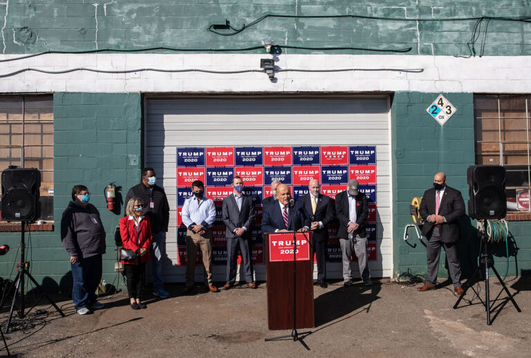Attorney for the President, Rudy Giuliani speaks to the media at a press conference held in the back parking lot of Four Seasons Total Landscaping on November 7, 2020 in Philadelphia, Pennsylvania. The press conference took place just minutes after news networks announced that Joe Biden had won the presidency over Donald Trump after it was projected that he had won the state of Pennsylvania. (Chris McGrath/Getty Images)
