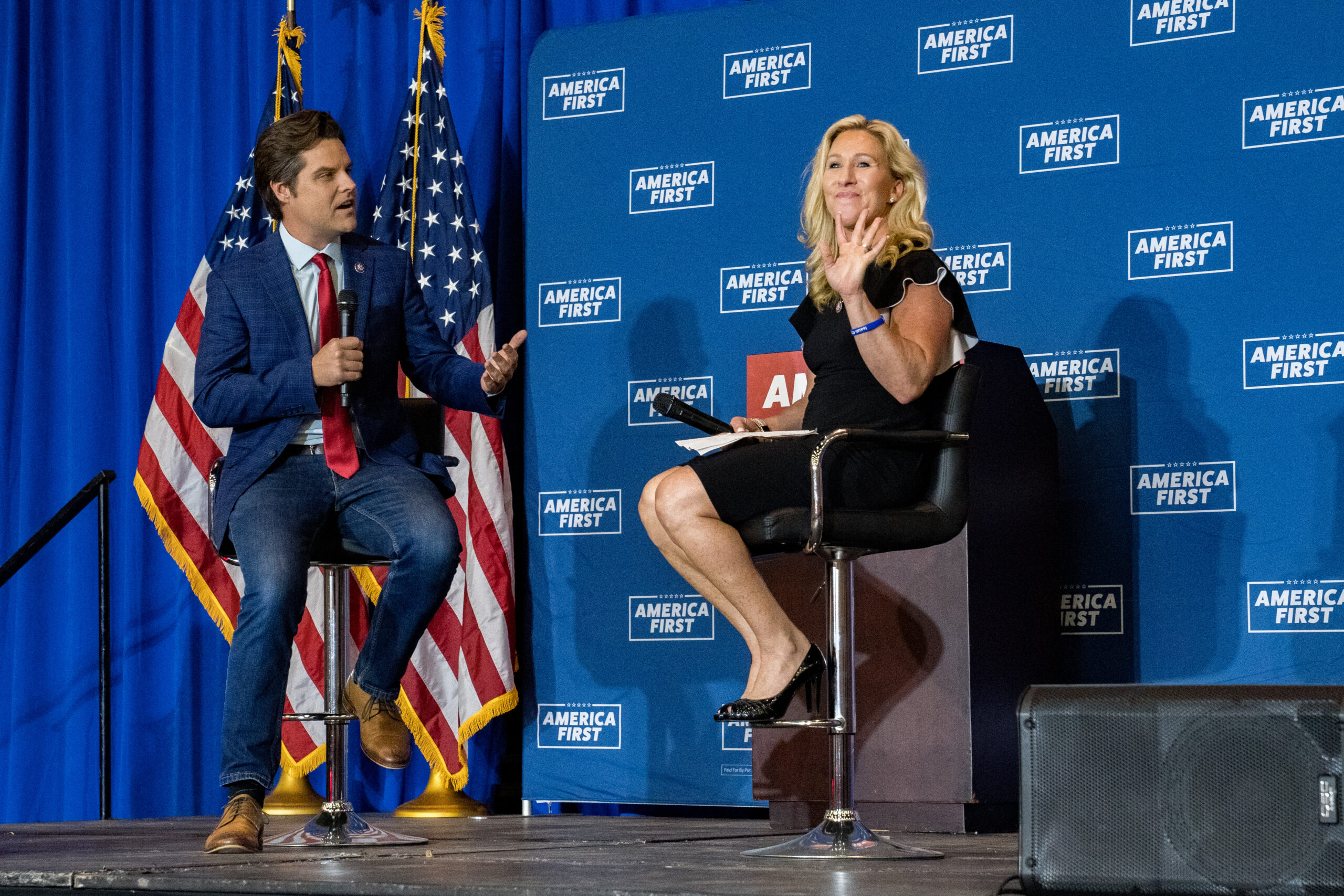 U.S. Reps. Marjorie Taylor Greene, R-Ga., and Matt Gaetz, R-Fla. (Megan Varner/Getty Images)