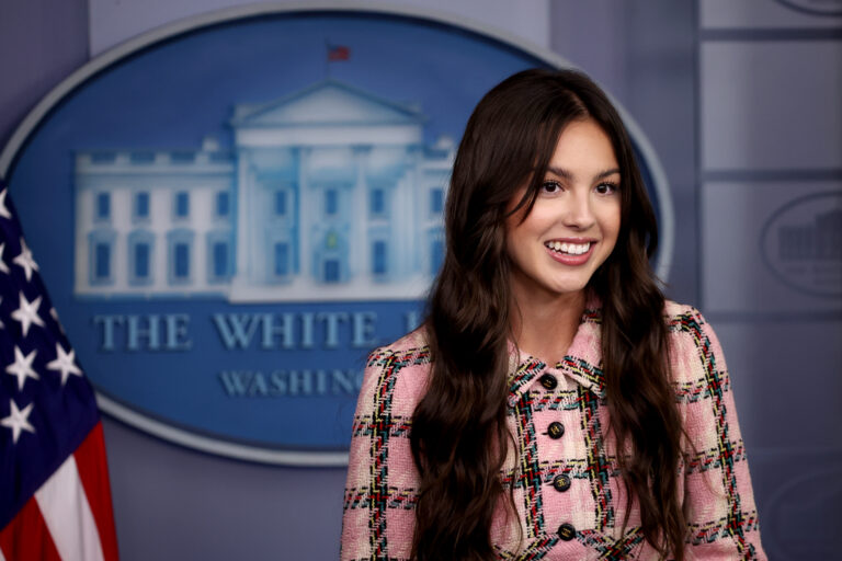 Pop music star and actress Olivia Rodrigo makes a brief statement to reporters in the White House Press Briefing Room on July 14, 2021. (Chip Somodevilla/Getty Images)
