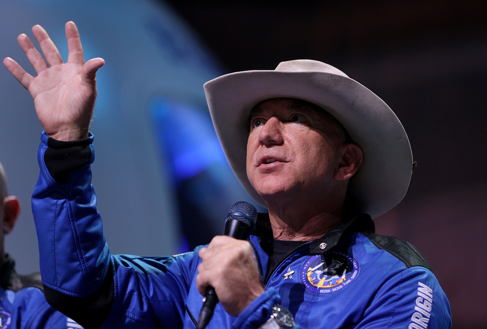 Jeff Bezos speaks about his flight on Blue Origin’s New Shepard into space during a press conference on July 20, 2021 in Van Horn, Texas. Mr. Bezos and the crew that flew with him were the first human spaceflight for the company. (Joe Raedle/Getty Images)