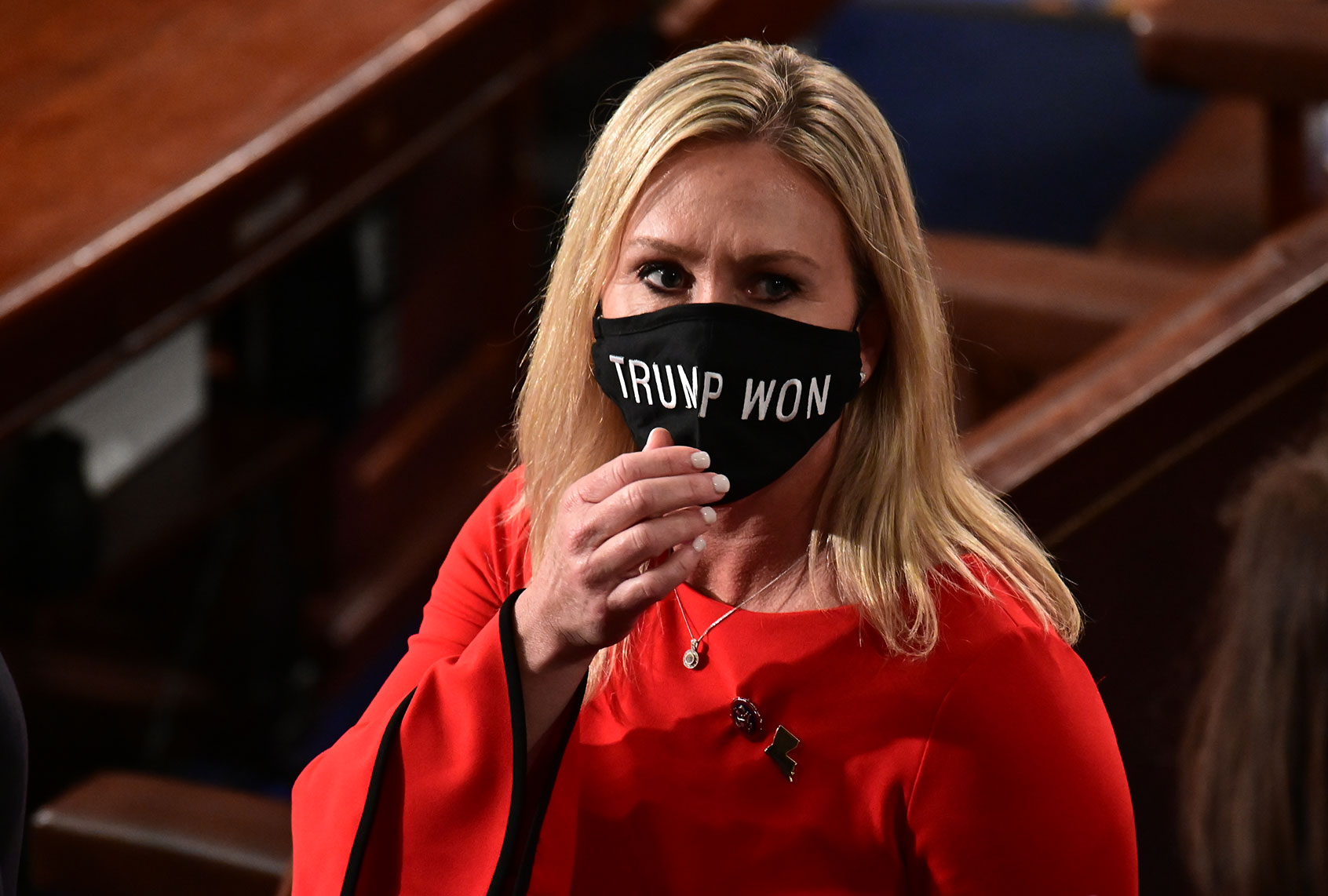 U.S. Rep. Marjorie Taylor Greene (R-GA) wears a "Trump Won" face mask (Erin Scott-Pool/Getty Images)