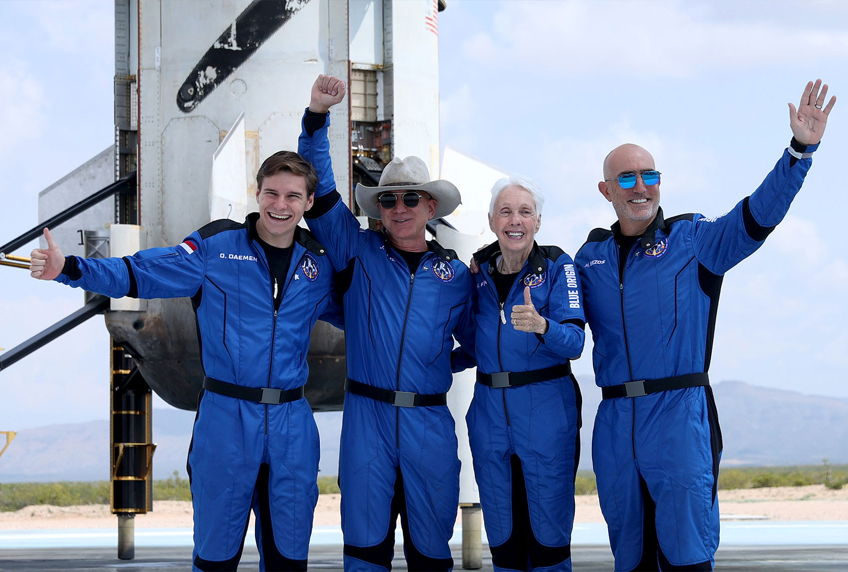 Blue Origin's New Shepard crew Oliver Daemen, Jeff Bezos, Wally Funk and Mark Bezos on July 20, 2021 (Joe Raedle/Getty Images)