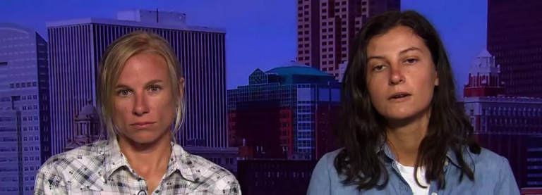 Dakota Pipeline protesters Jessica Reznicek, left, and Ruby Montoya during a 2017 appearance on "Democracy Now!" (Democracy Now!)