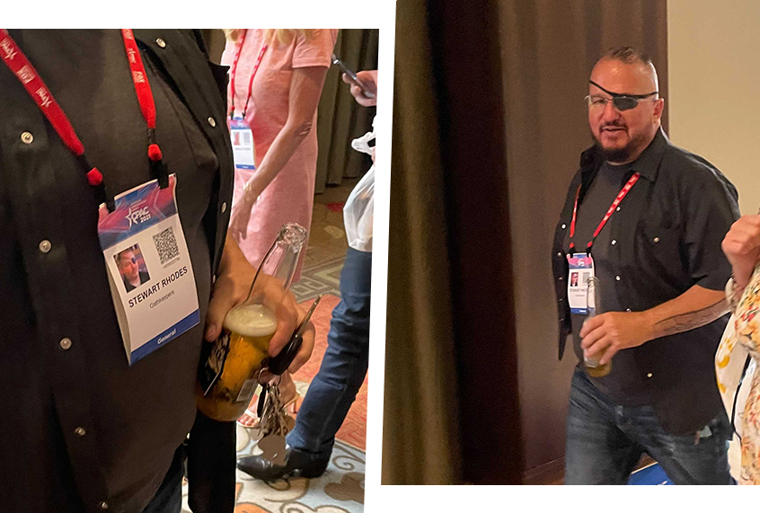 Stewart Rhodes, the founder of the right-wing Oath Keepers militia, was spotted by a Salon reporter at CPAC in Dallas Friday, sporting an official CPAC pass (left). (Zachary Petrizzo)