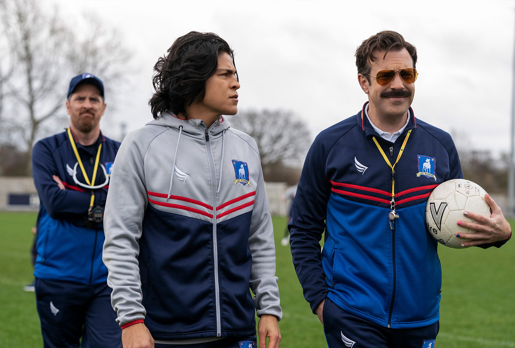 Brendan Hunt, Cristo Fernández and Jason Sudeikis in "Ted Lasso" (Apple TV+)