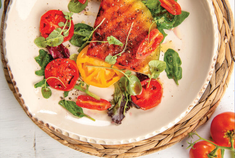 Watermelon Steak Salad with Heirloom Tomatoes and Sangria Vinaigrette from "Bress 'n' Nyam: Gullah Geechee Recipes from a Sixth-Generation Farmer." (Siobhán Egan)