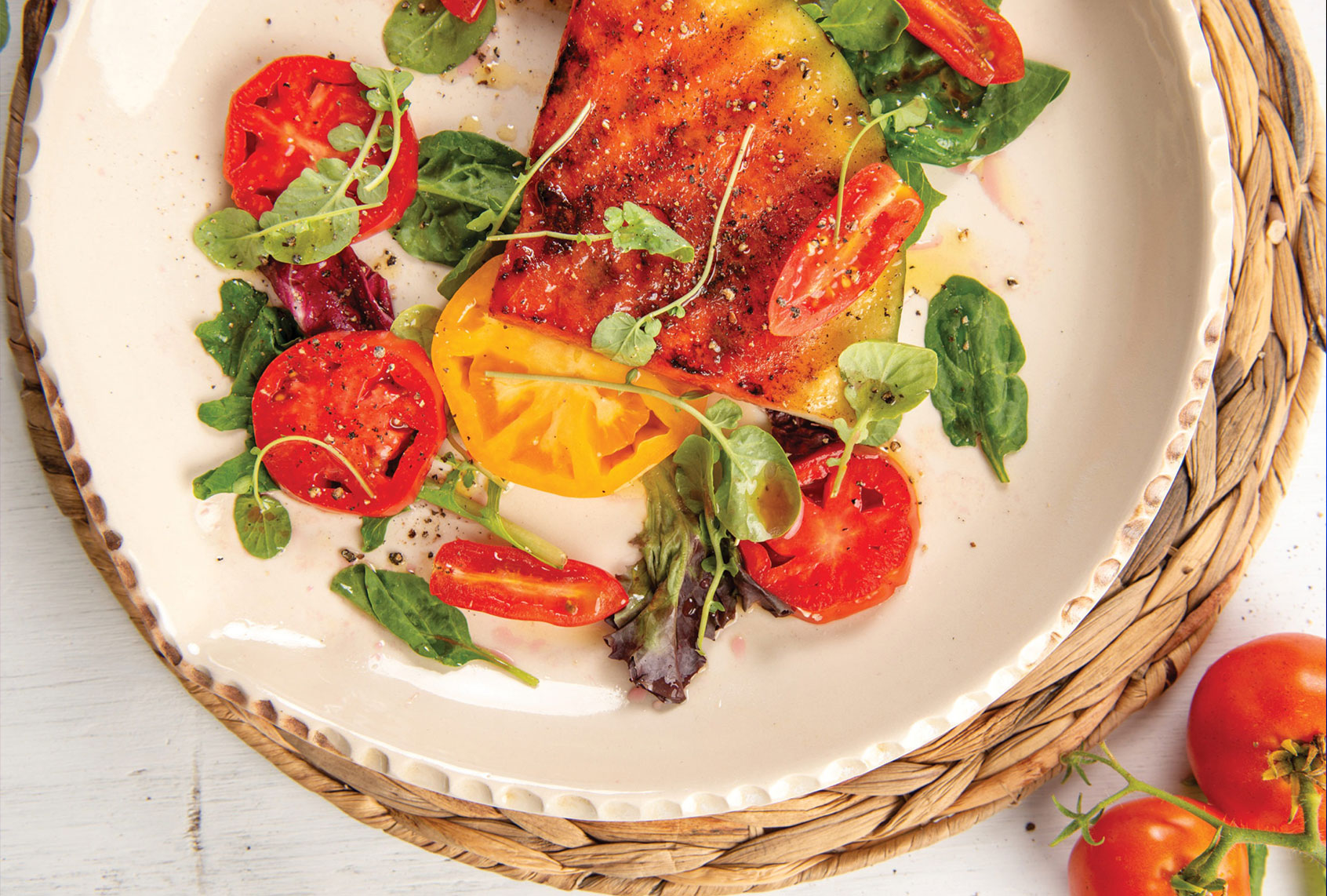 Watermelon Steak Salad with Heirloom Tomatoes and Sangria Vinaigrette from "Bress 'n' Nyam: Gullah Geechee Recipes from a Sixth-Generation Farmer." (Siobhán Egan)